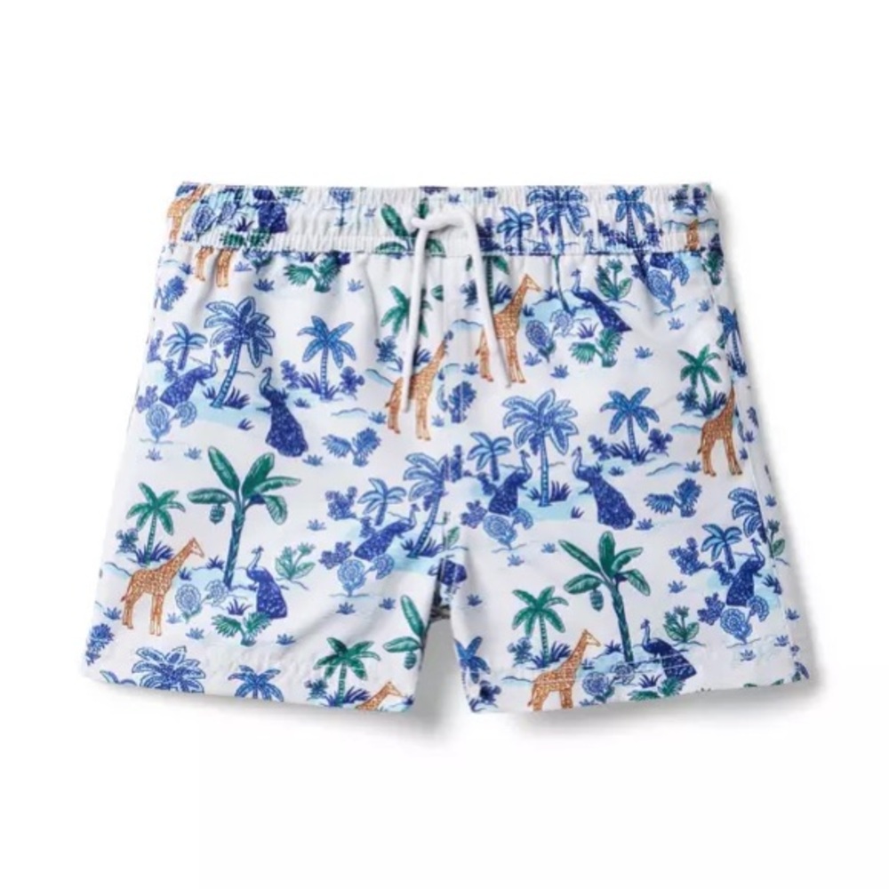 Janie & Jack Safari Toile Swim Trunks Blue & White, Giraffe, Peacocks Size 5
